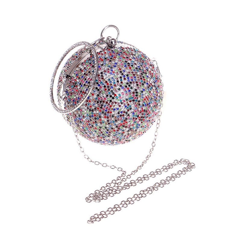 Tngan Ball Shape Clutch Purse Party Handbag Rhinestone Ring Handle Evening Bag Black White - Image 4
